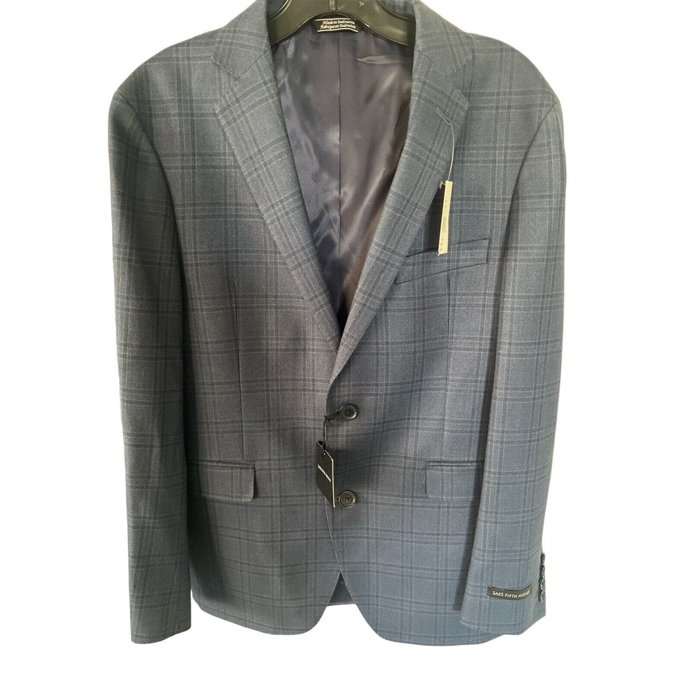 SAKS Fifth Avenue Mens Blue Plaid Suit Jacket Sportcoat Via Manzoni Sz 38 NEW
